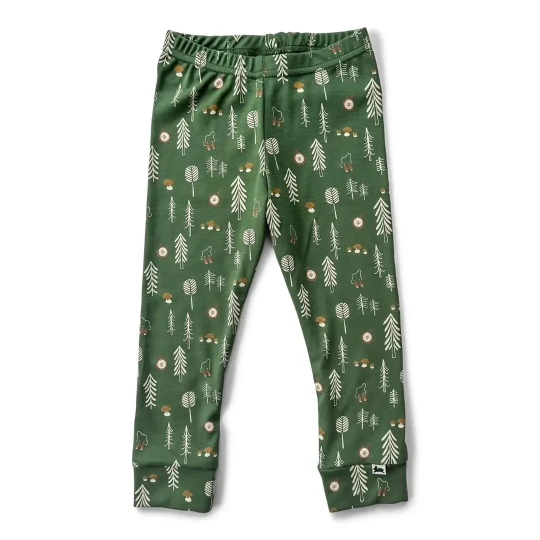 Green youth bamboo leggings with forest tree and bear print on white background