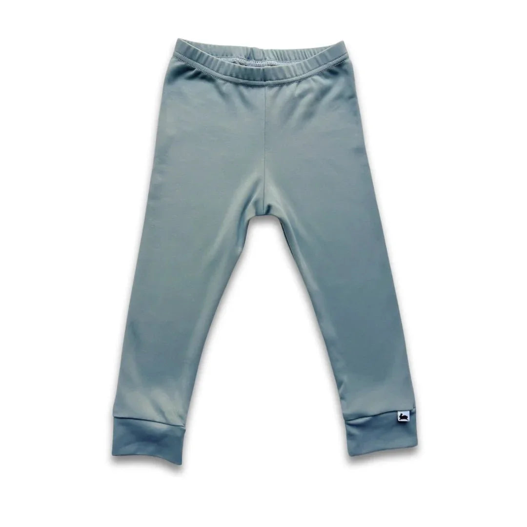 Light blue youth bamboo leggings with elastic waistband, solid color, white background