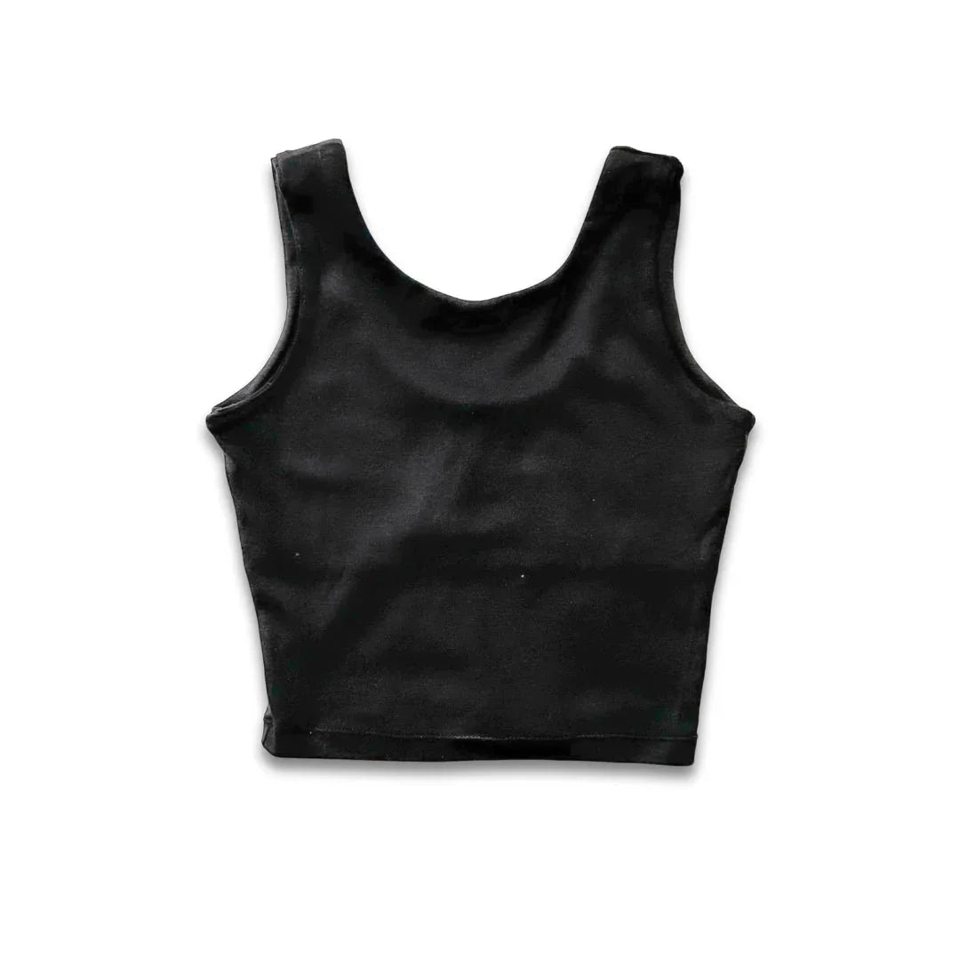Black sleeveless crop top tank laid flat on white background