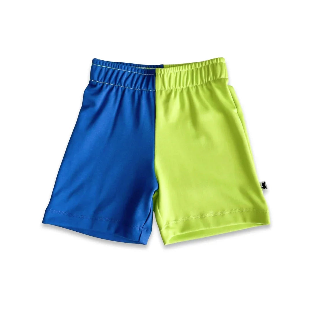 Two-tone kids shorts with blue and neon yellow panels on white background