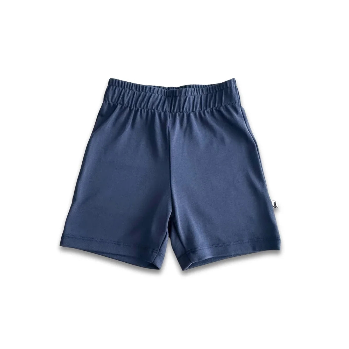 Navy blue athletic shorts with elastic waistband on white background