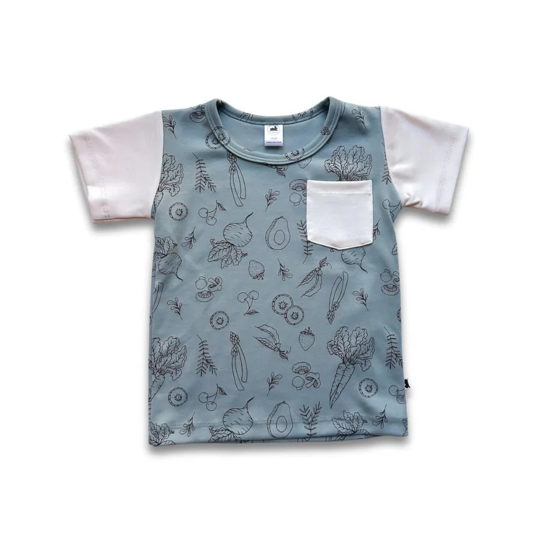Youth bamboo t-shirt with white pocket, pastel sleeves, and fruit vegetable print