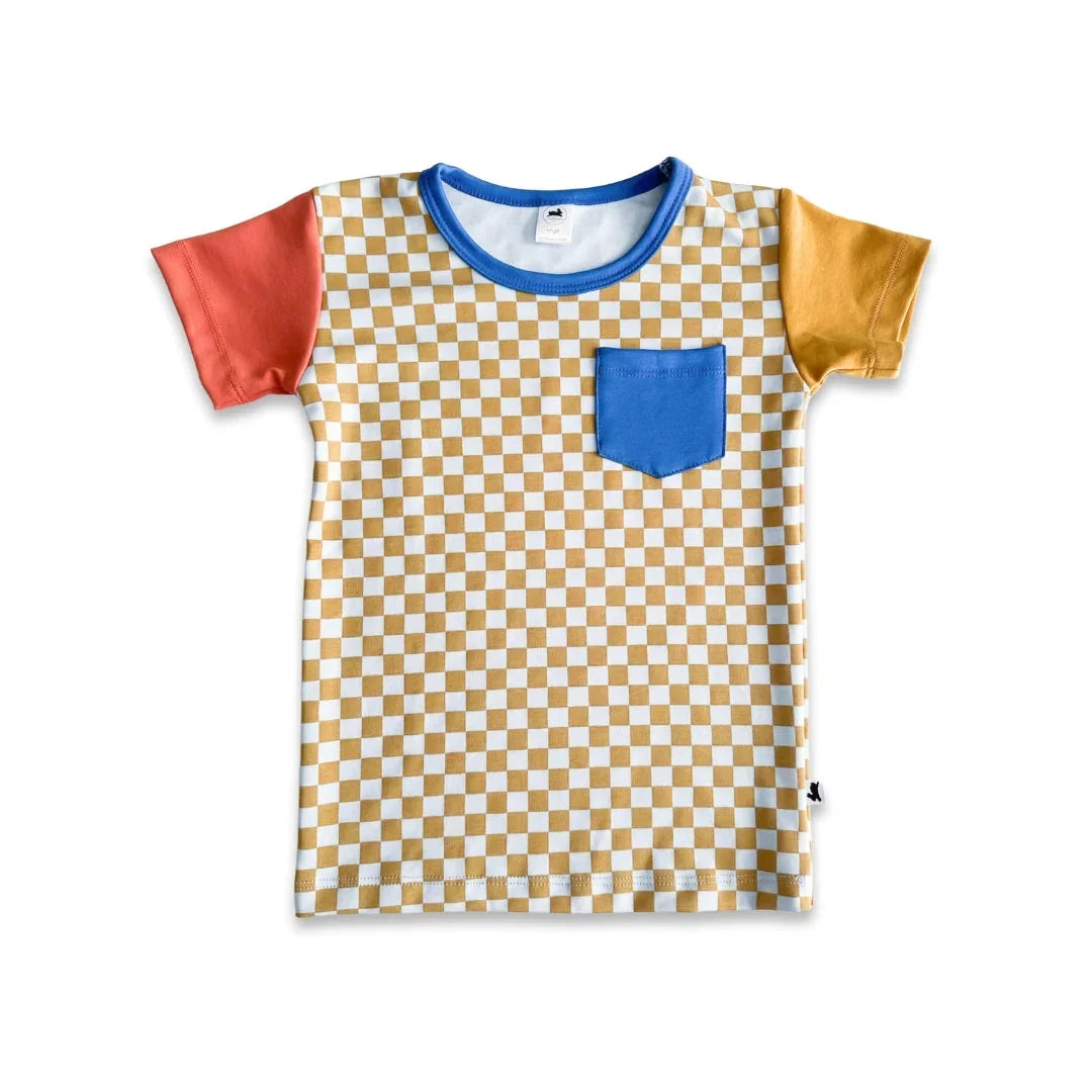 Kids checkered t-shirt with blue pocket, red and yellow sleeves, white background