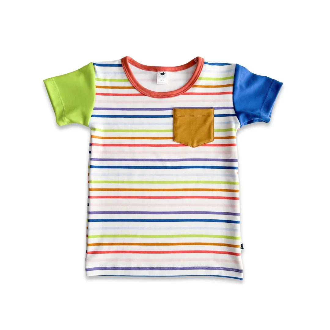 Kids striped t-shirt with green and blue sleeves, orange trim, and mustard chest pocket