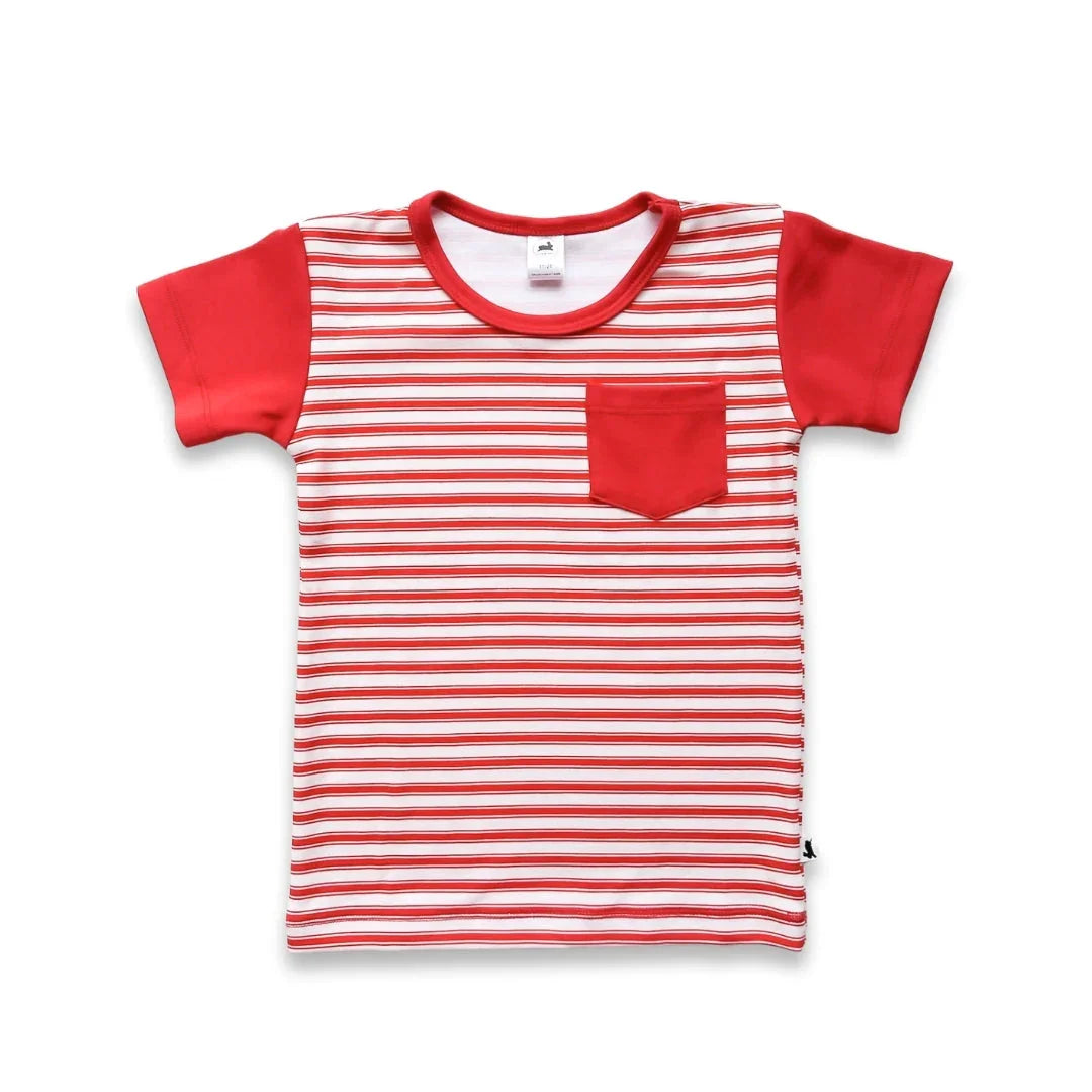 Red and white striped kids t-shirt with red short sleeves and chest pocket, flat lay