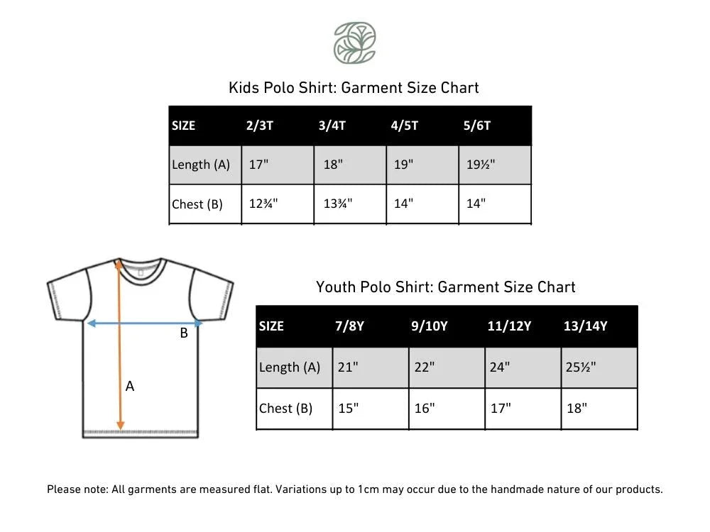Kids and youth bamboo polo shirt size chart with garment measurements and t-shirt diagram.