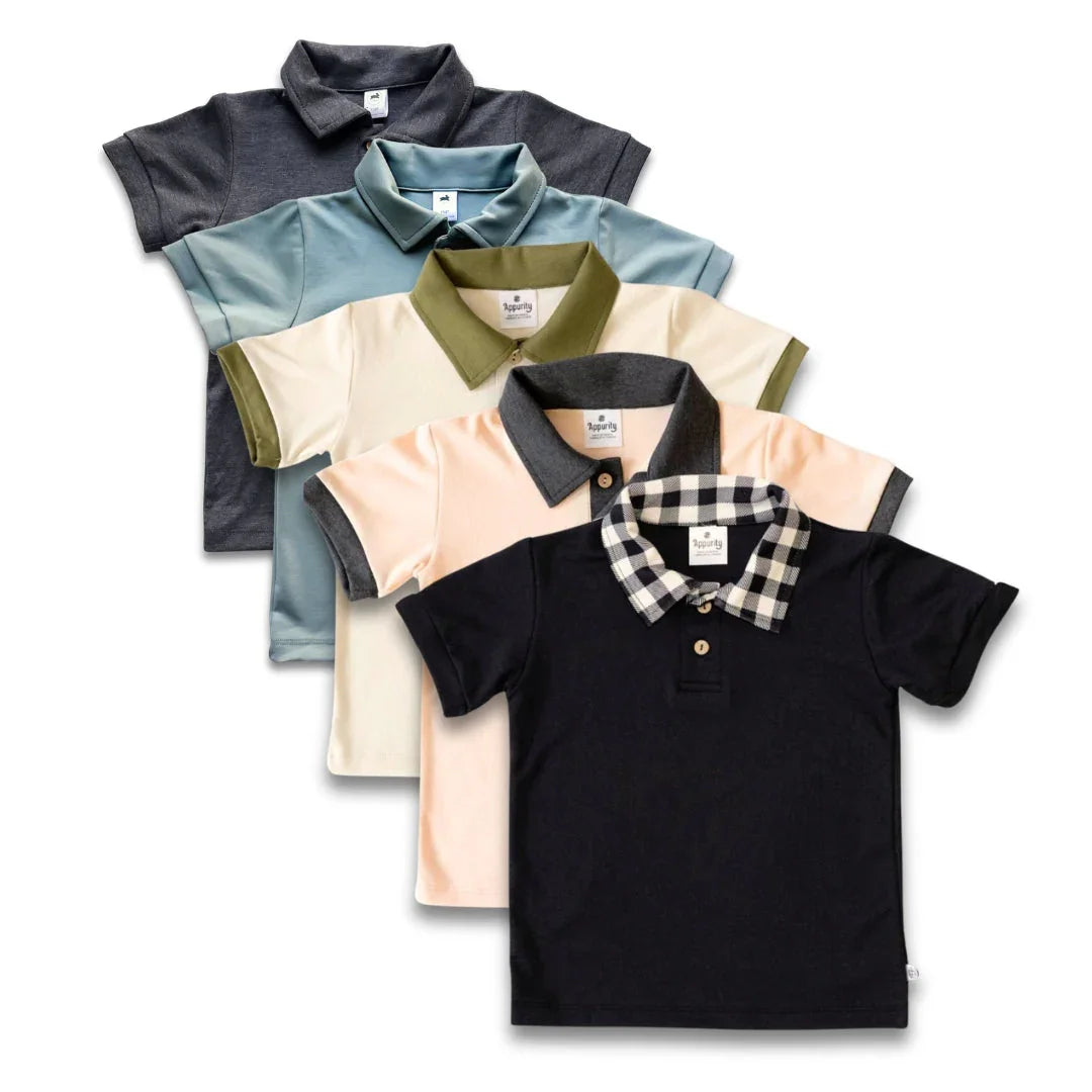 Assorted youth polo shirts with varied collar styles and colors on a white background