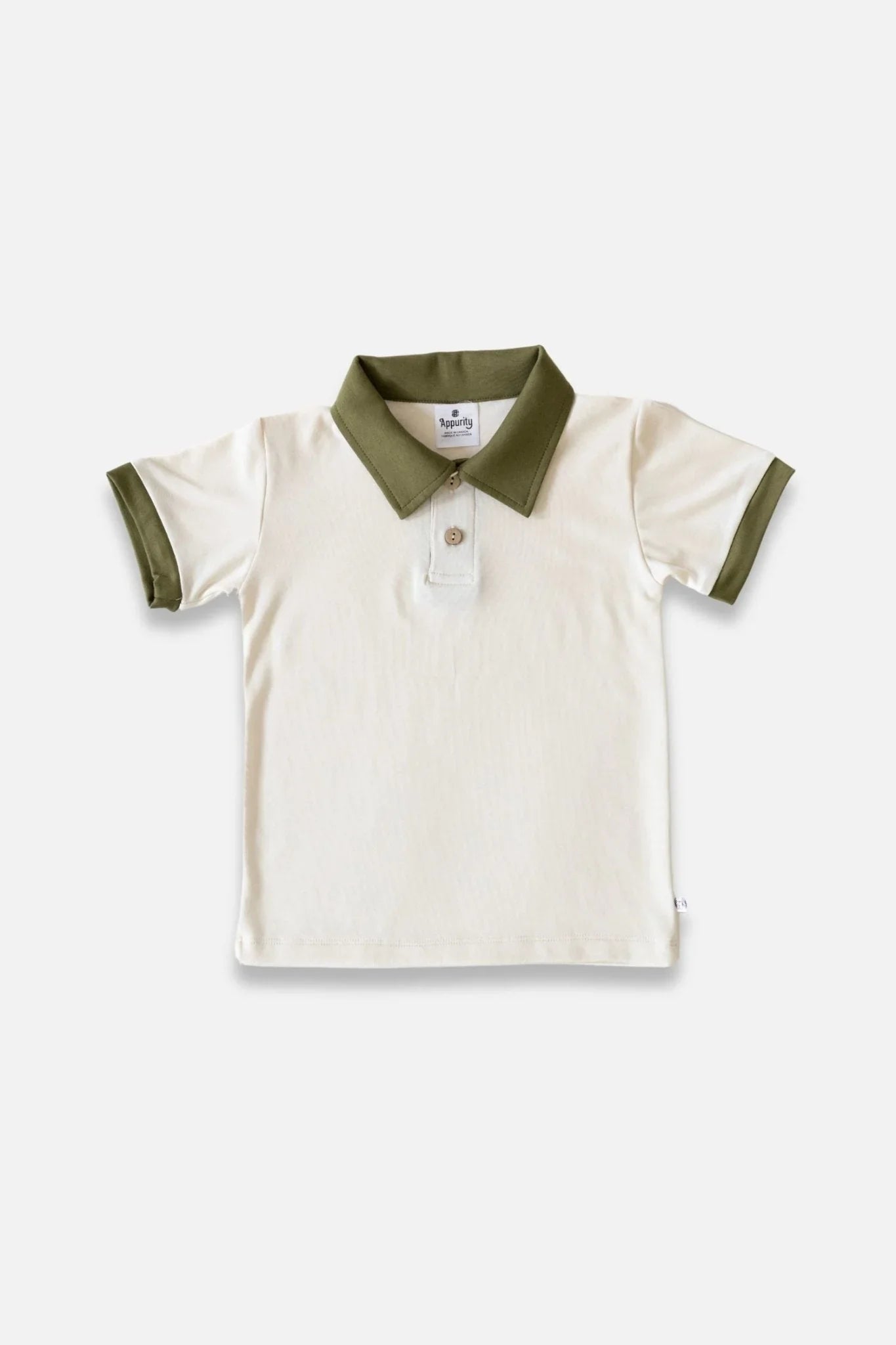 Youth bamboo polo shirt with olive green collar and sleeves on white background