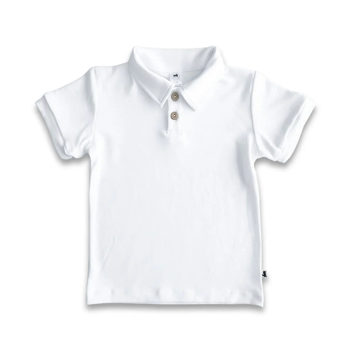 White short sleeve polo shirt for kids with collar and two buttons on white background