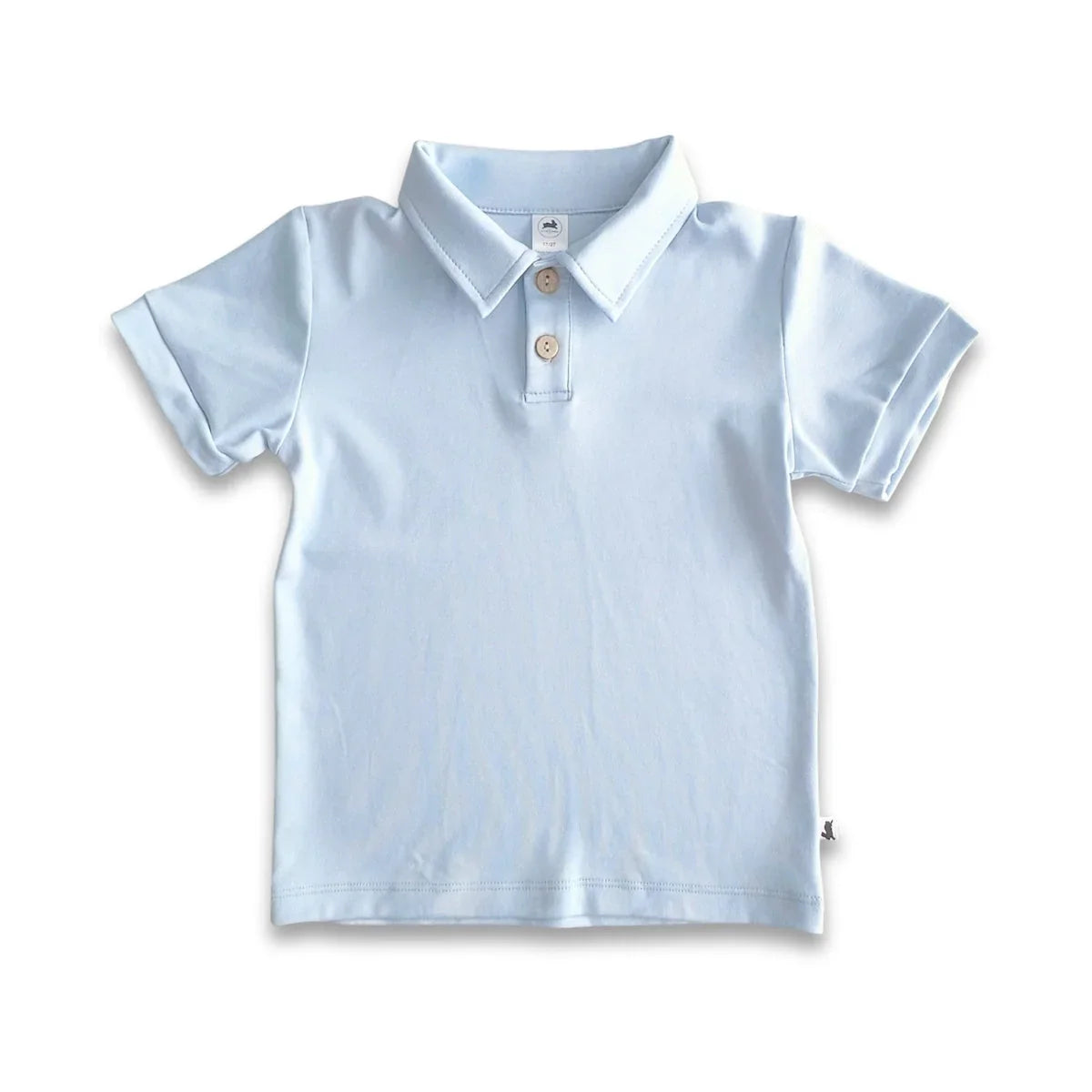 Light blue short sleeve kids polo shirt with buttons on a white background