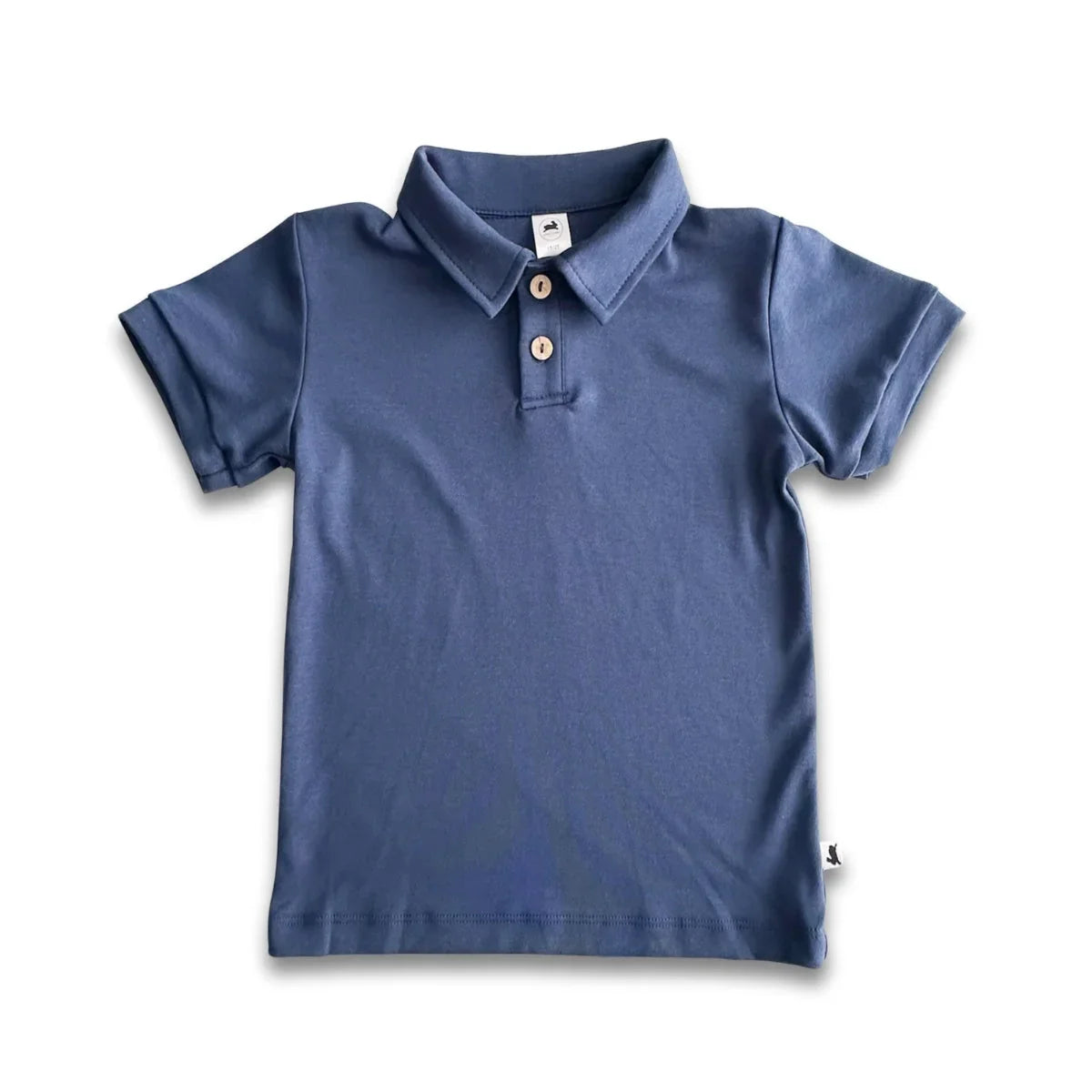 Kids blue short-sleeve polo shirt with wooden buttons on white background
