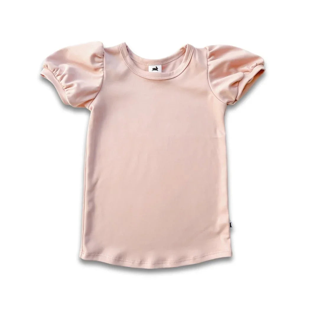 Light pink youth bamboo puffed sleeve t-shirt on white background