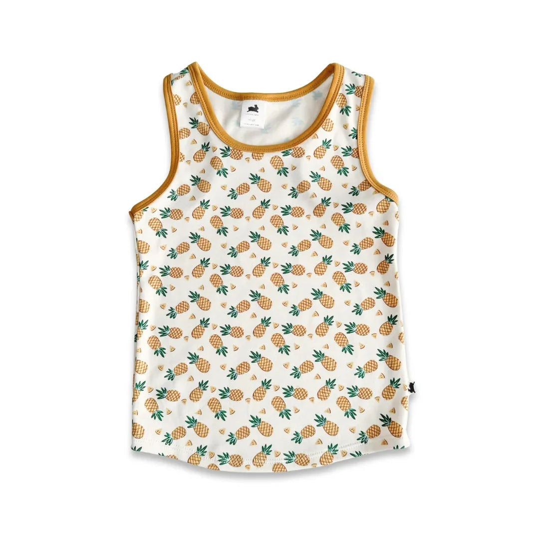 Kids' white tank top with yellow pineapple print and mustard trim