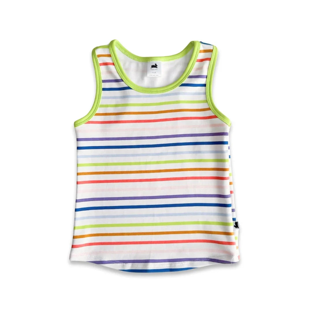 Children's tank top with colorful horizontal stripes and lime green trim on white background