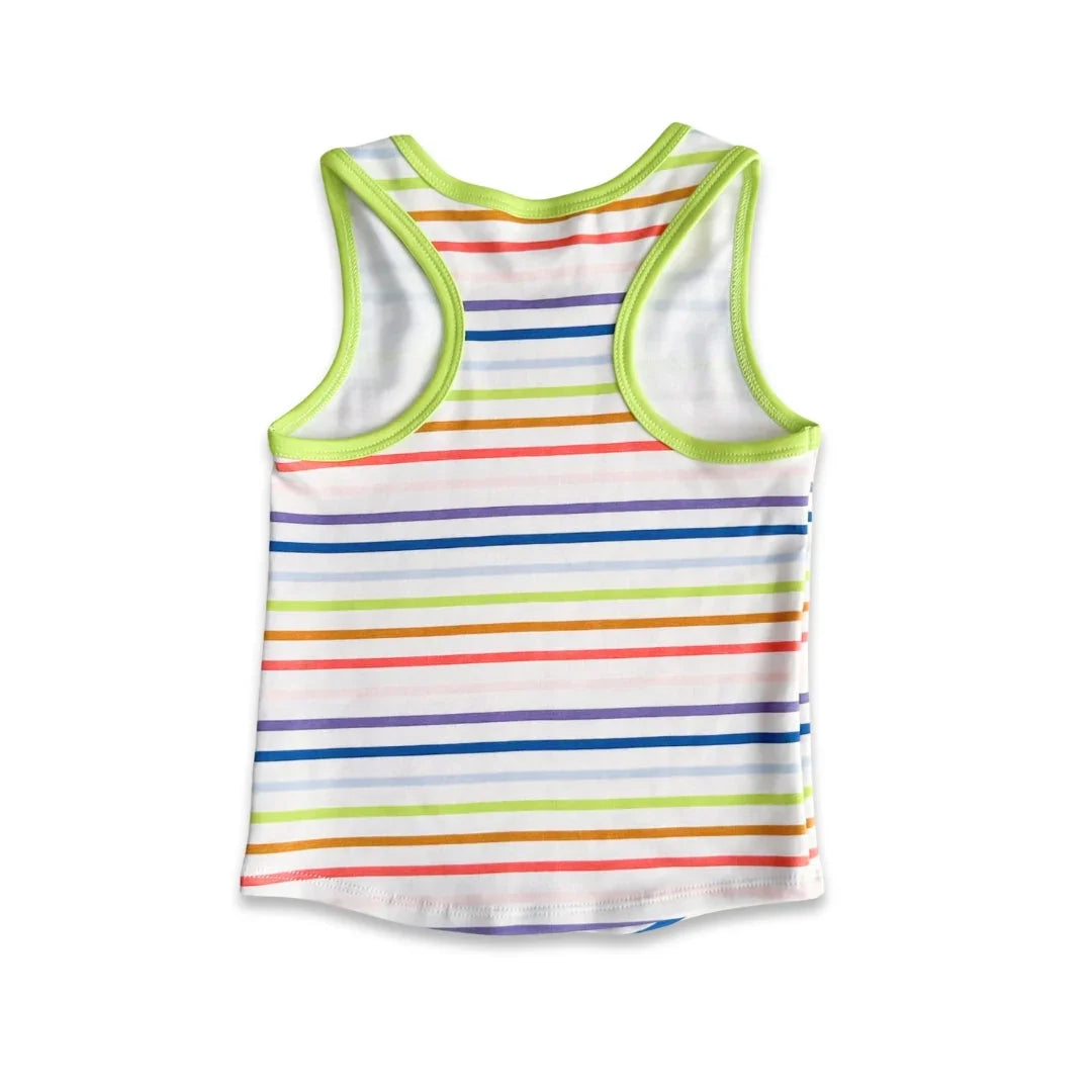 Kids' white tank top with colorful horizontal stripes and green trim on white background.