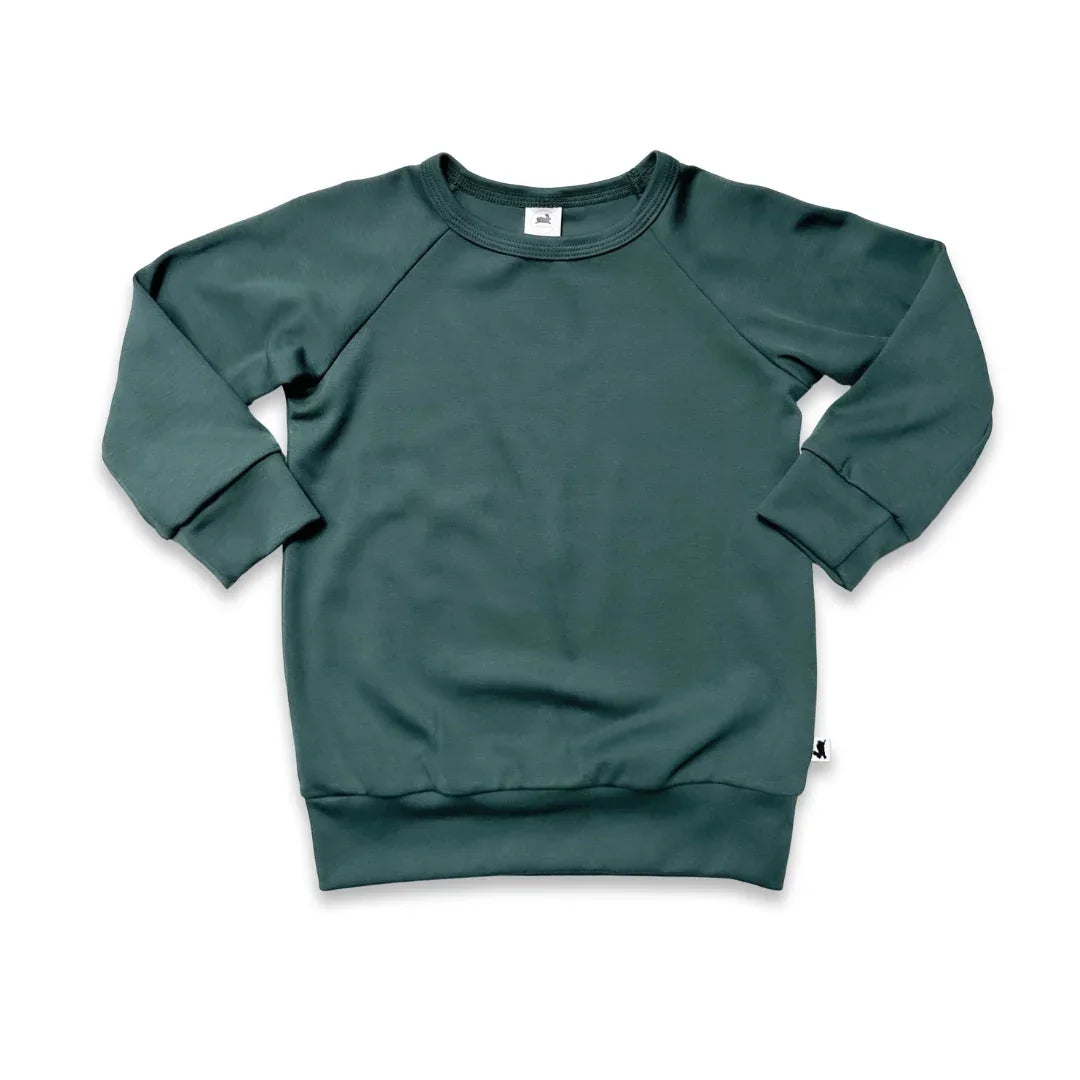 Forest green kids crewneck sweatshirt with long sleeves on white background