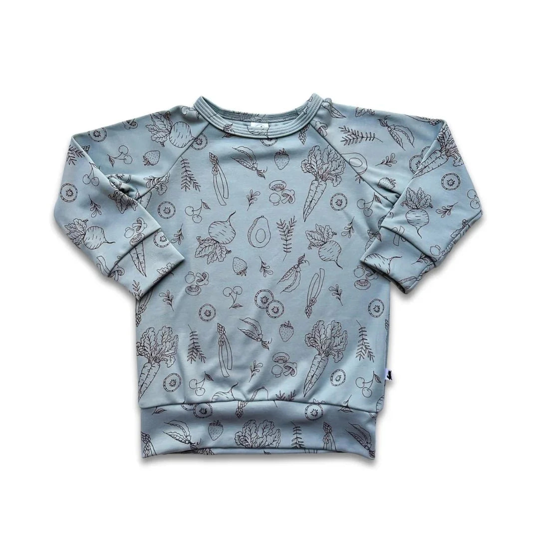 Youth bamboo raglan pullover with blue vegetable print, long sleeves, flat lay