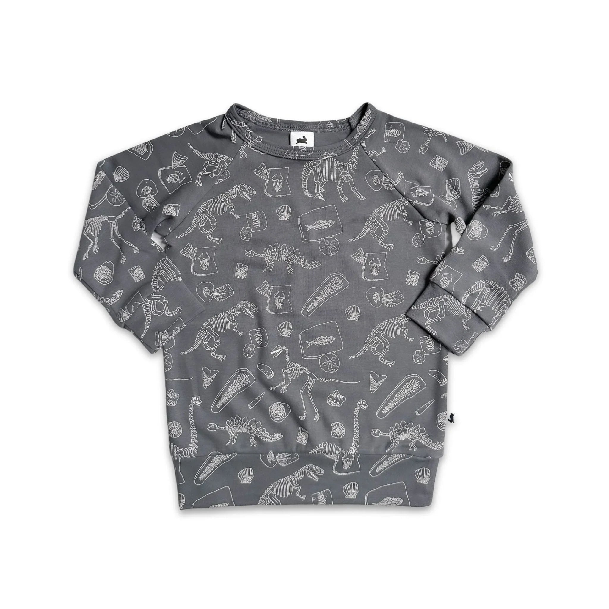 Grey youth bamboo raglan pullover with white dinosaur fossil print, long sleeves