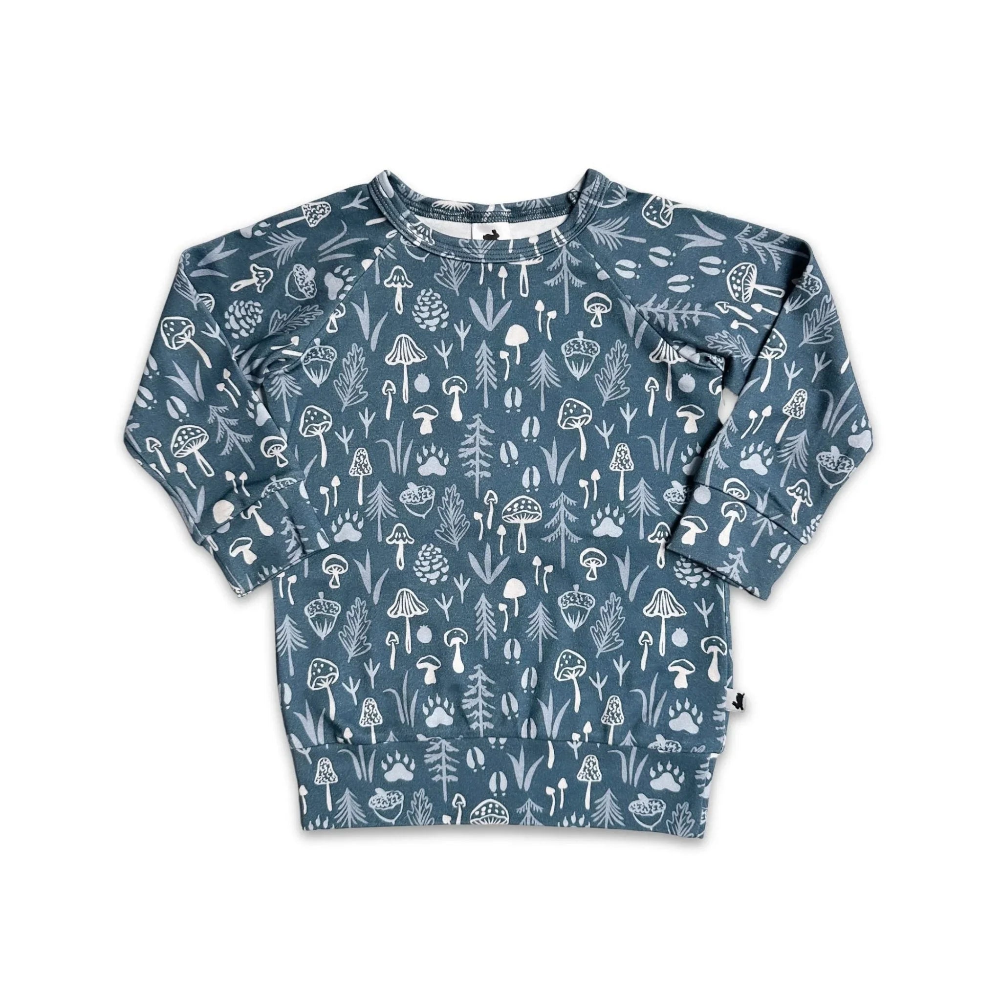 Youth bamboo raglan pullover with blue nature print featuring mushrooms and leaves