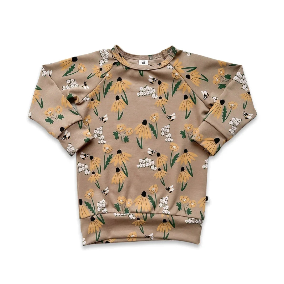 Beige kids sweatshirt with yellow floral and bee print, long sleeves, botanical pattern