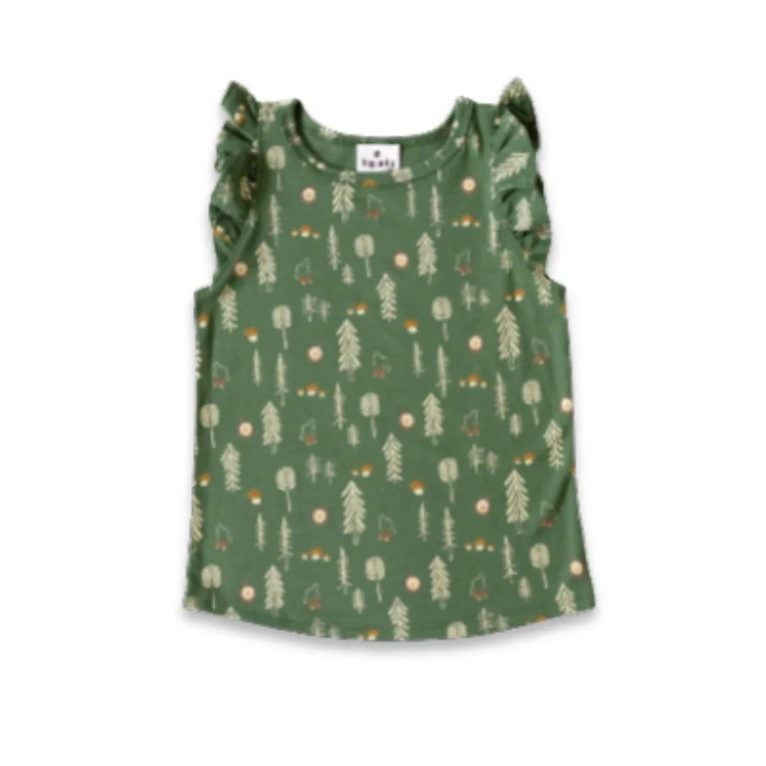 Green kids ruffle sleeve tee with forest tree and nature print on white background