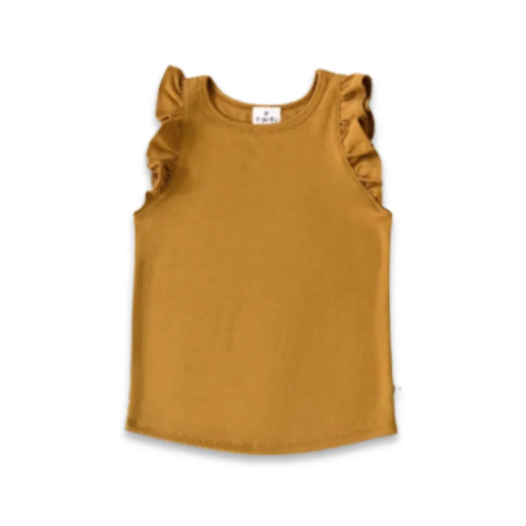 Umber sleeveless girls' ruffle tee with round neck on white background