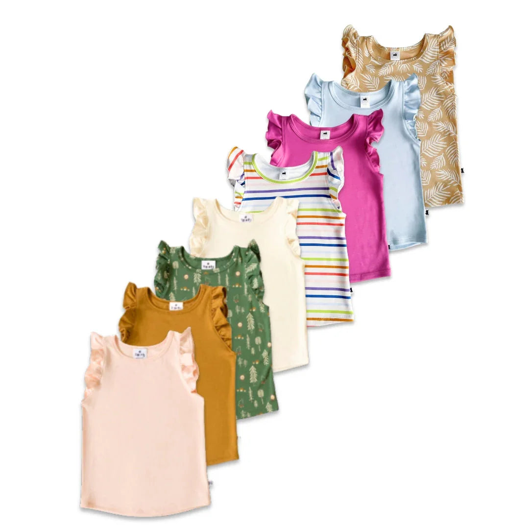 Assorted girls' ruffle sleeve tees in pastel, solid, and patterned prints on white background
