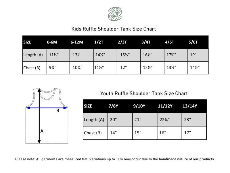 Kids and youth ruffle shoulder tank top size chart with measurements for length and chest.