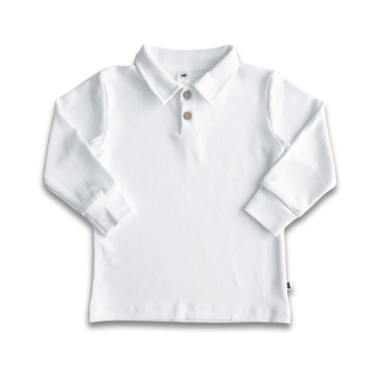 White long sleeve toddler polo shirt with buttons and collar on plain background