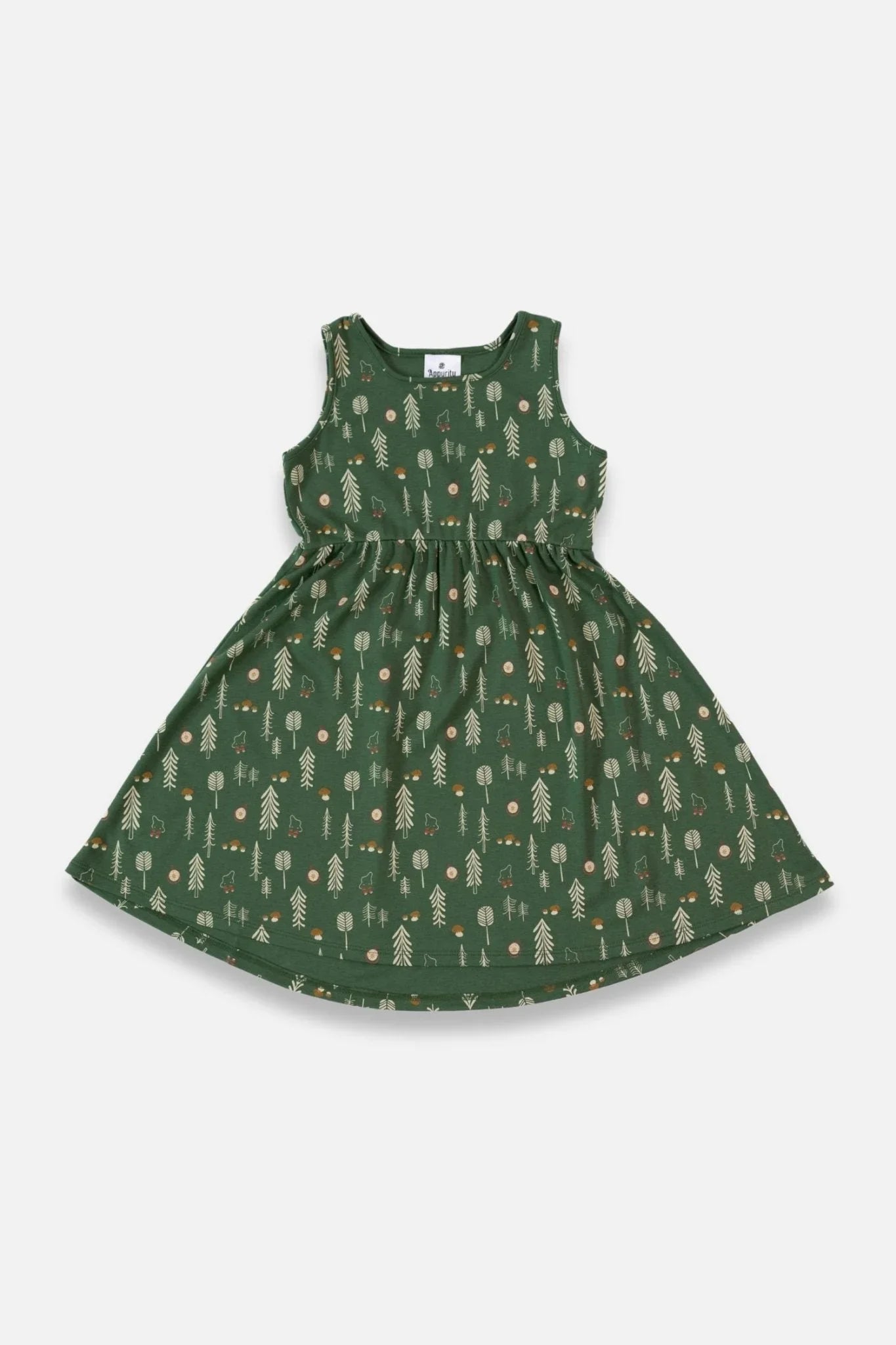 Green bamboo youth tank dress with forest tree print on white background