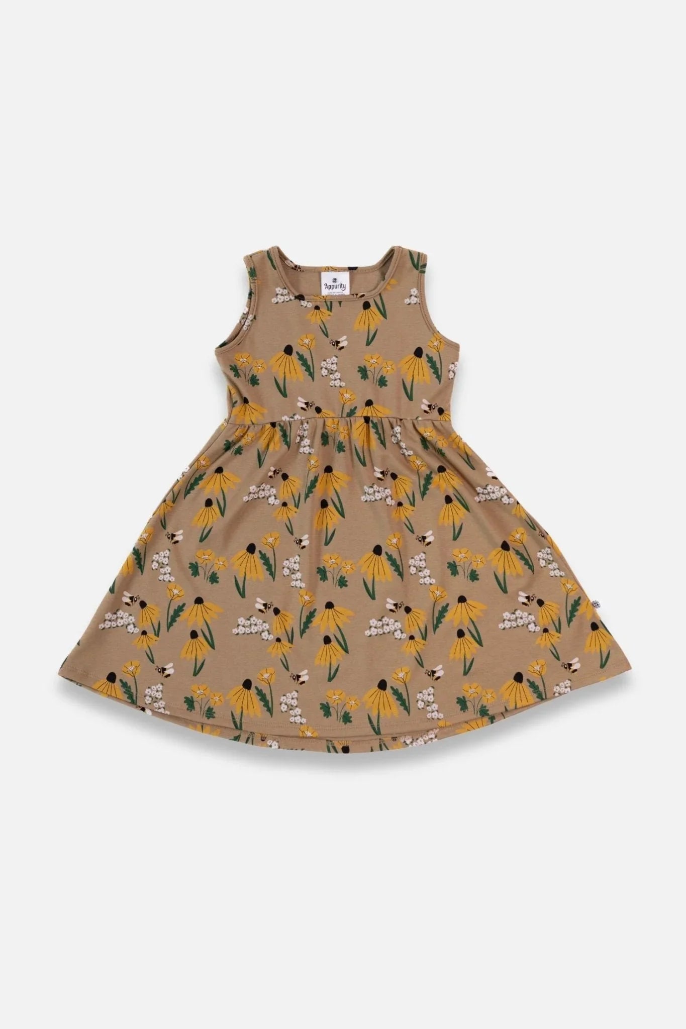 Youth bamboo square neck tank dress with yellow floral print on tan fabric, laid flat