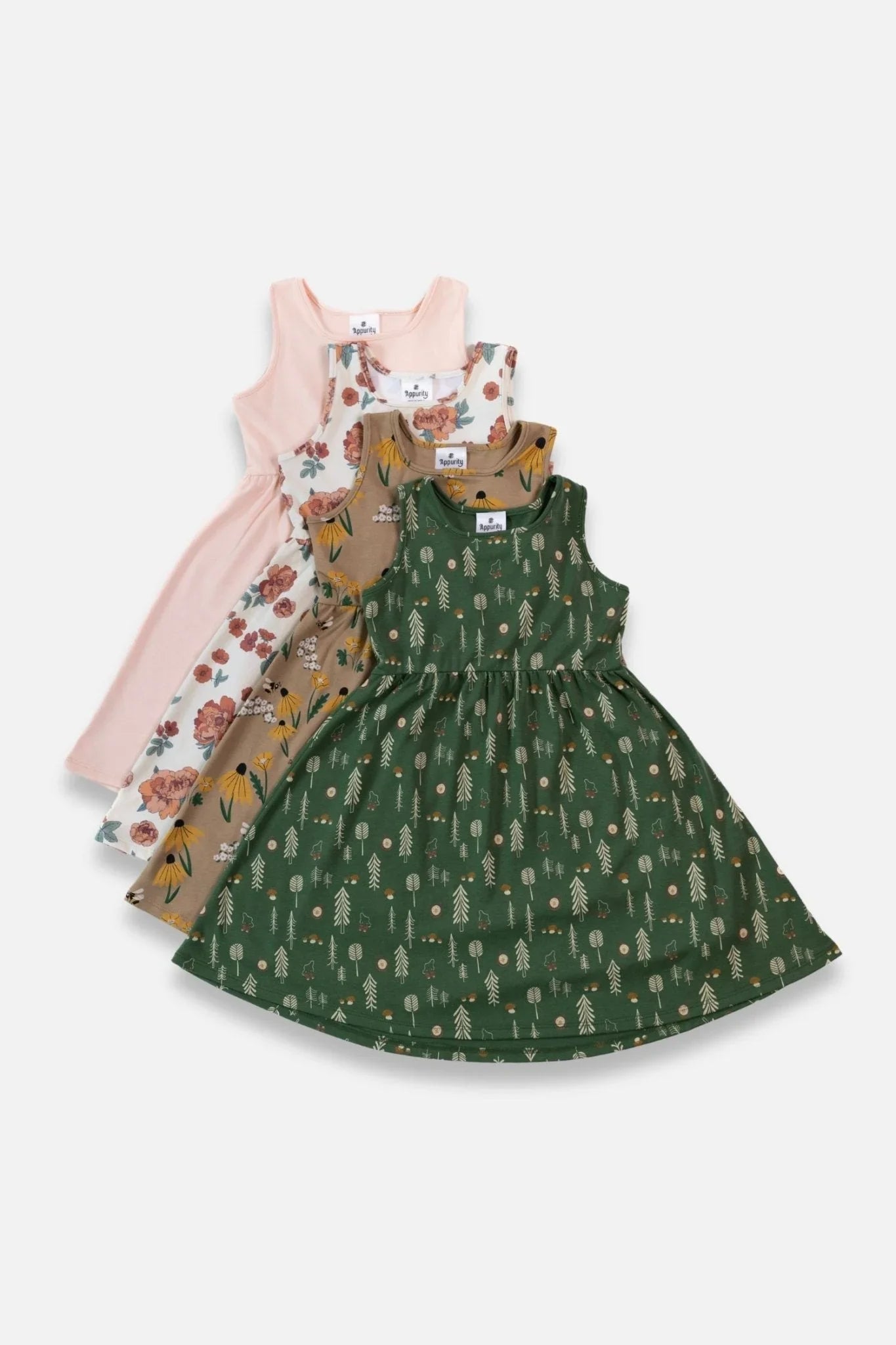 Set of four youth bamboo square neck tank dresses in assorted floral and nature prints