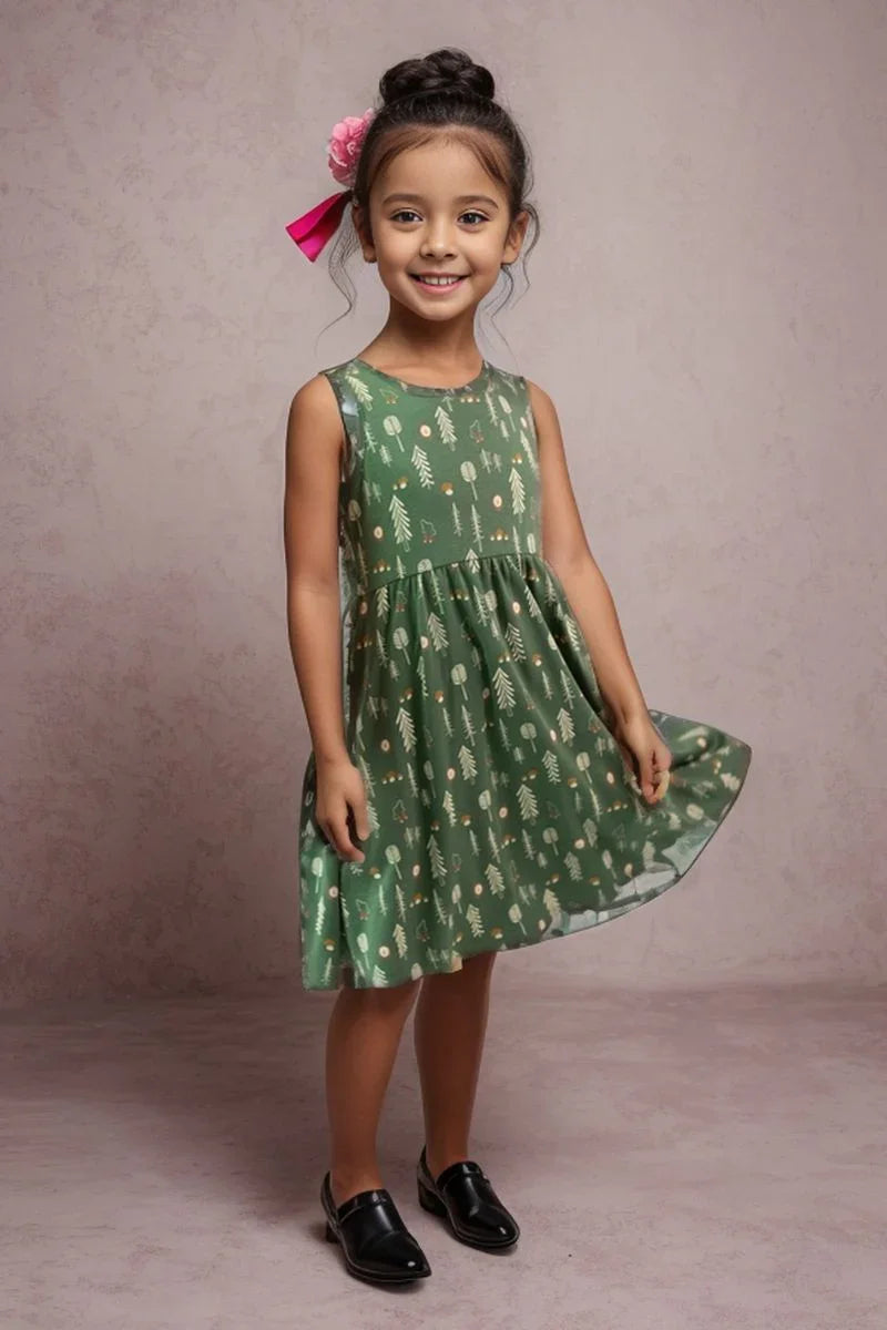 Smiling girl wearing a green bamboo square neck tank dress with forest print
