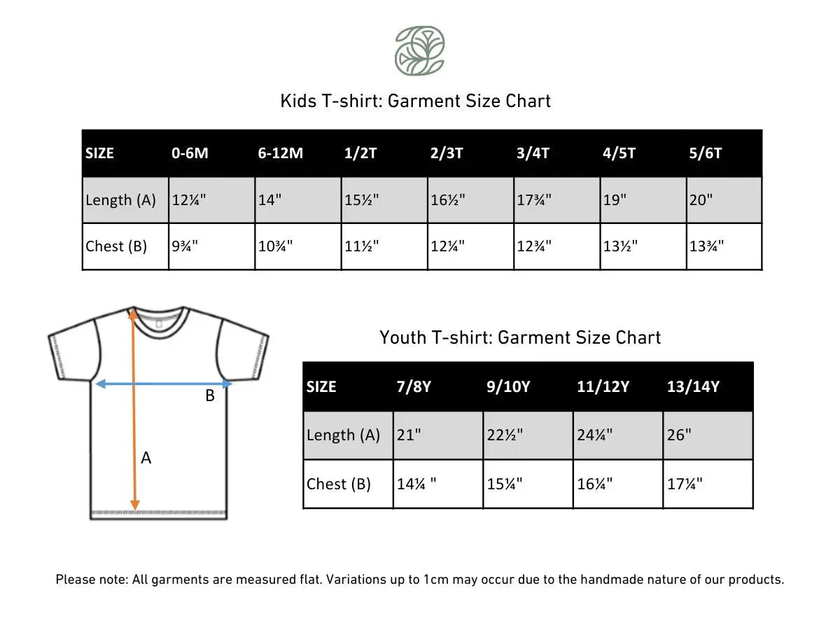 Kids and youth bamboo t-shirt garment size chart with measurements and illustrated guide.