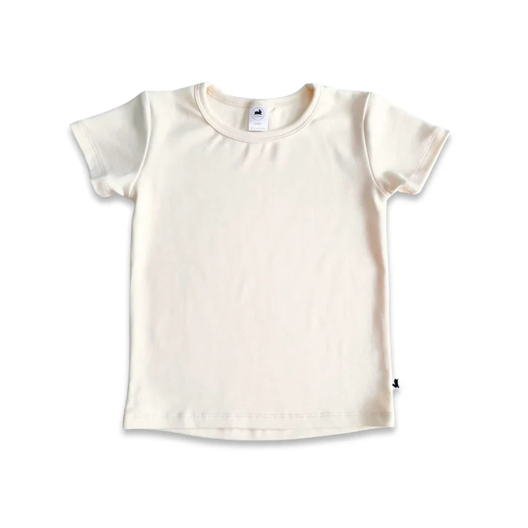 Plain ivory short sleeve cotton t-shirt for kids on white background