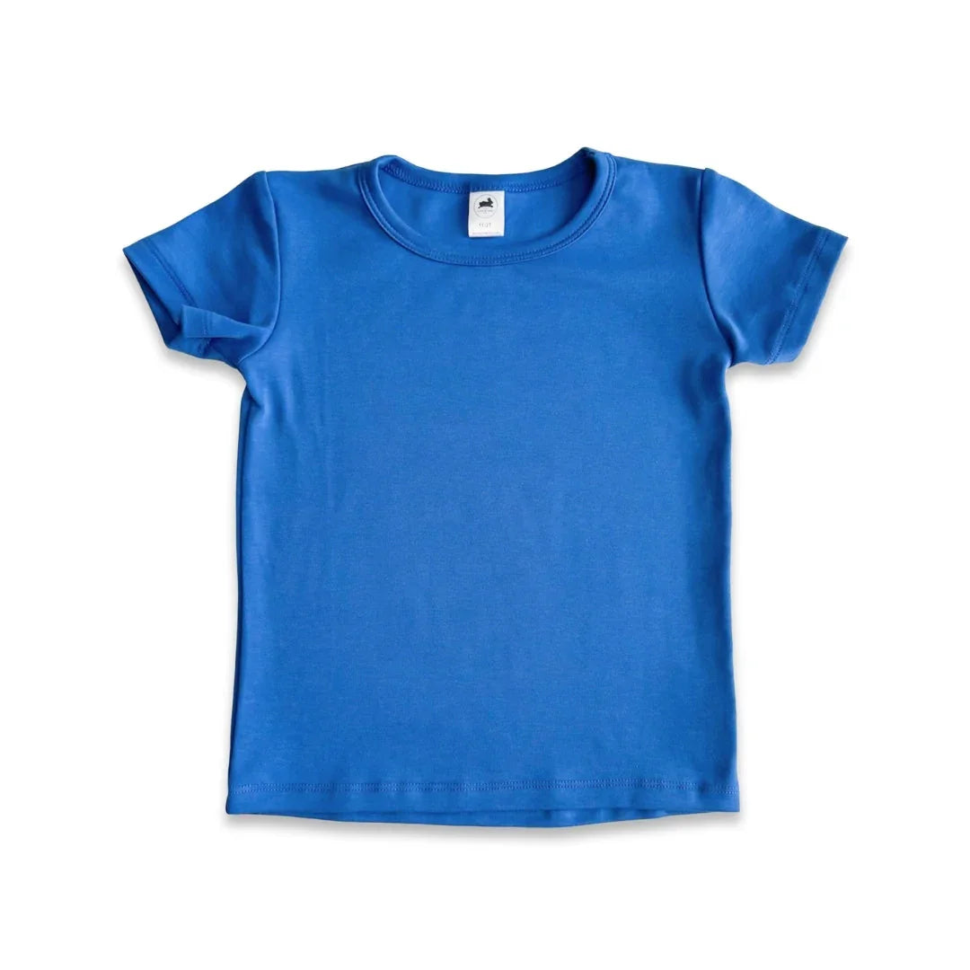 Plain blue cotton t-shirt for kids on a white background