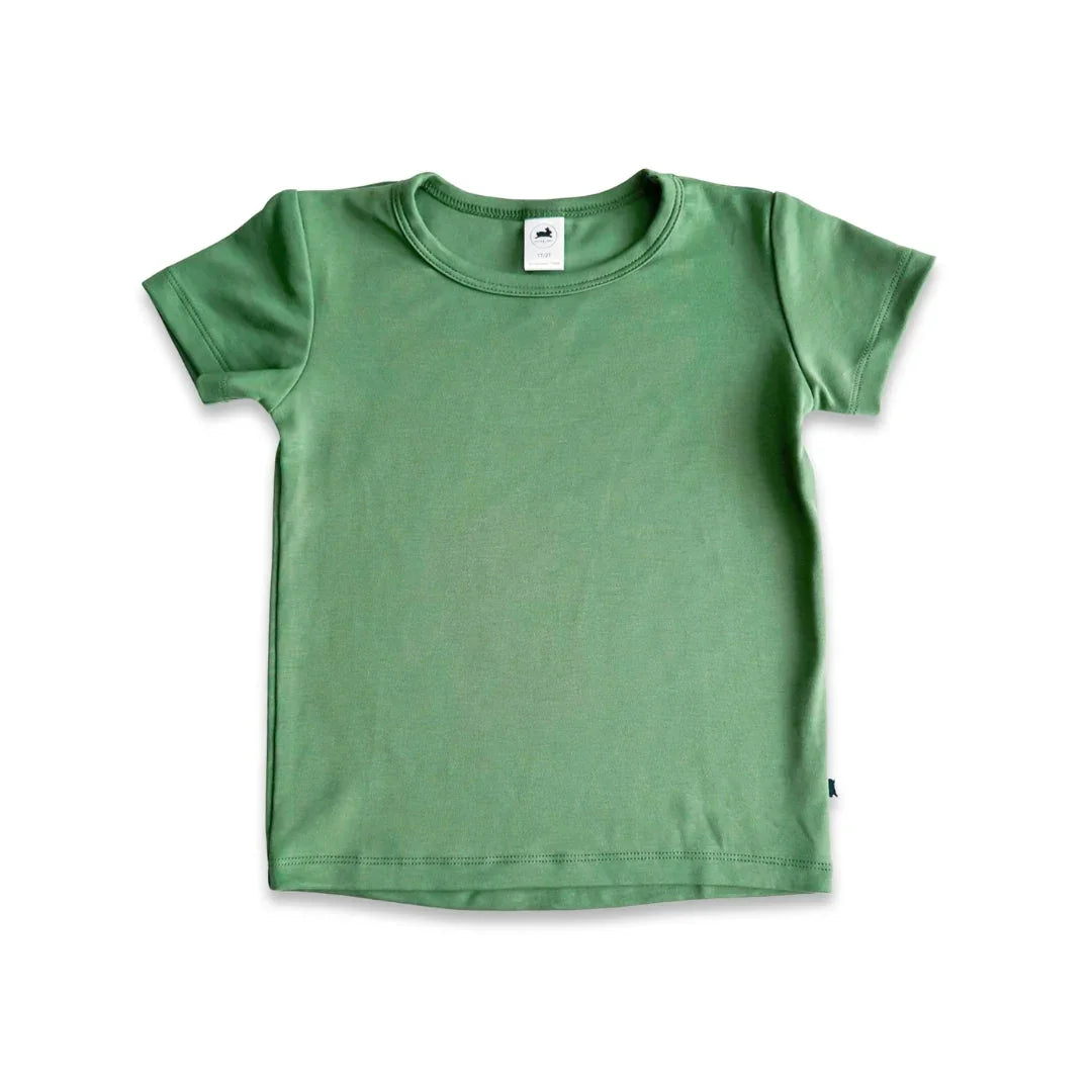 Plain green short-sleeve cotton t-shirt on white background