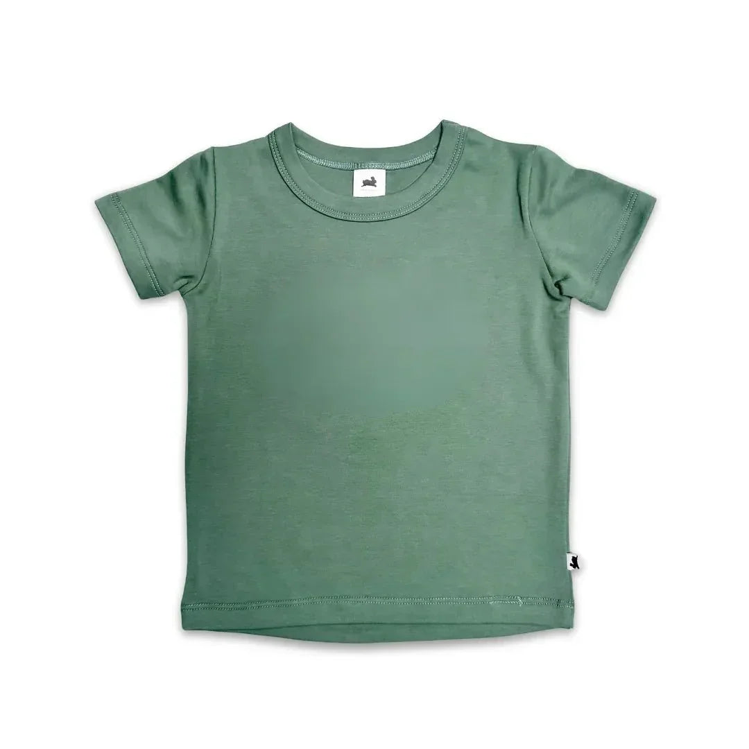 Youth bamboo t-shirt in sage green, short sleeves, plain front, white background