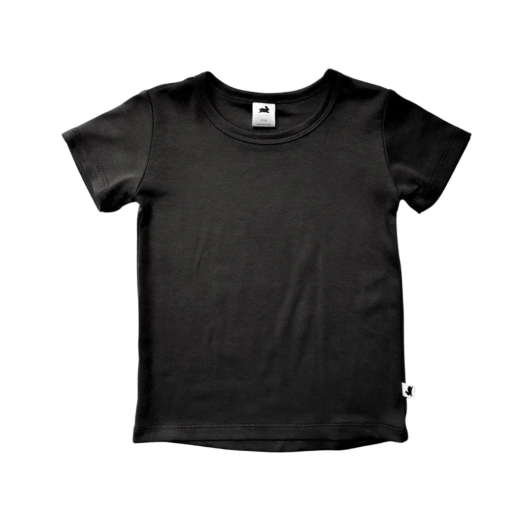 Plain black short sleeve cotton t-shirt for kids on white background