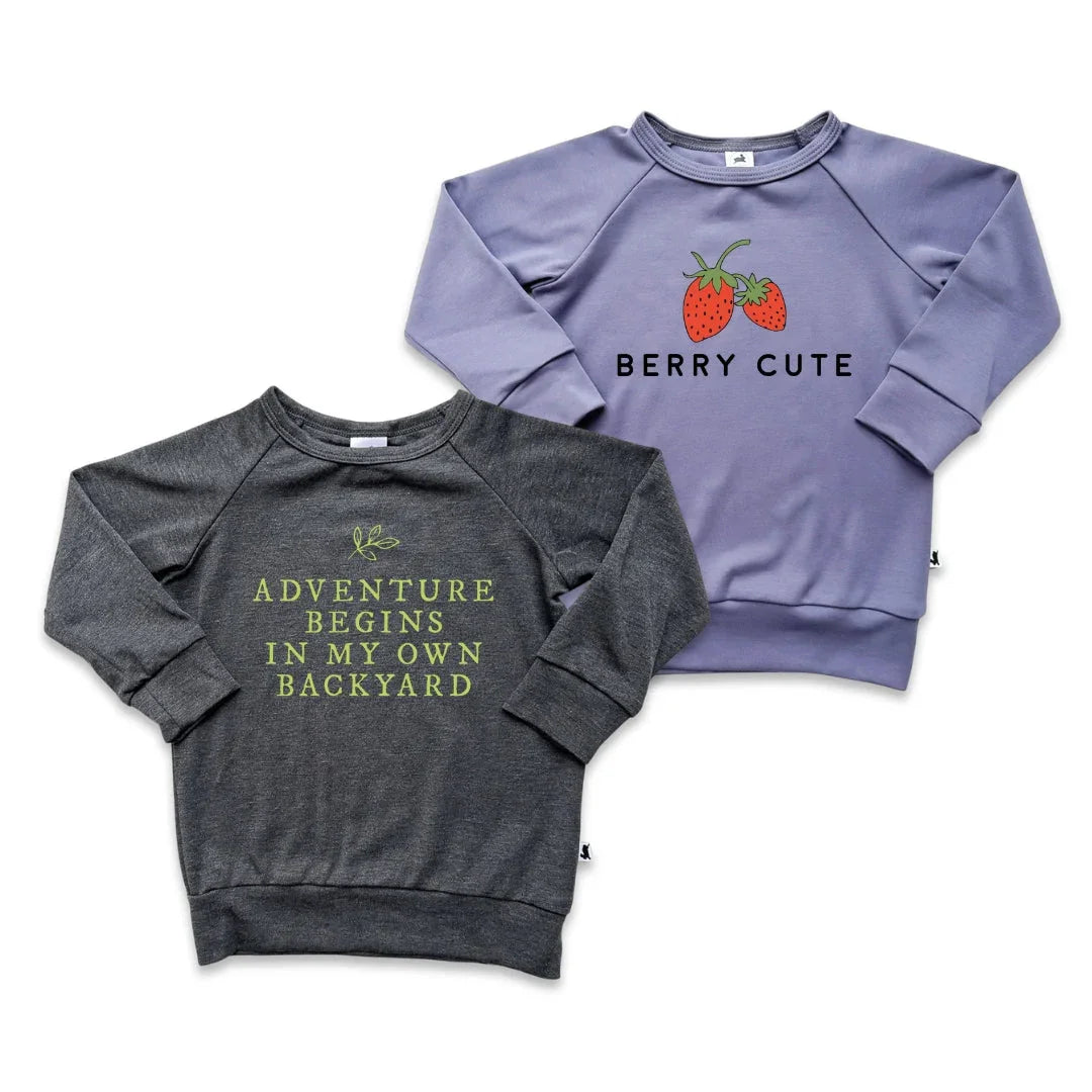 Youth graphic pullovers, one grey with adventure quote, one purple with strawberry and berry cute text