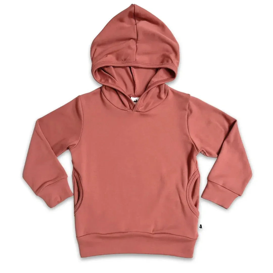 Youth lightweight bamboo hoodie in dusty rose pink with front pocket and long sleeves