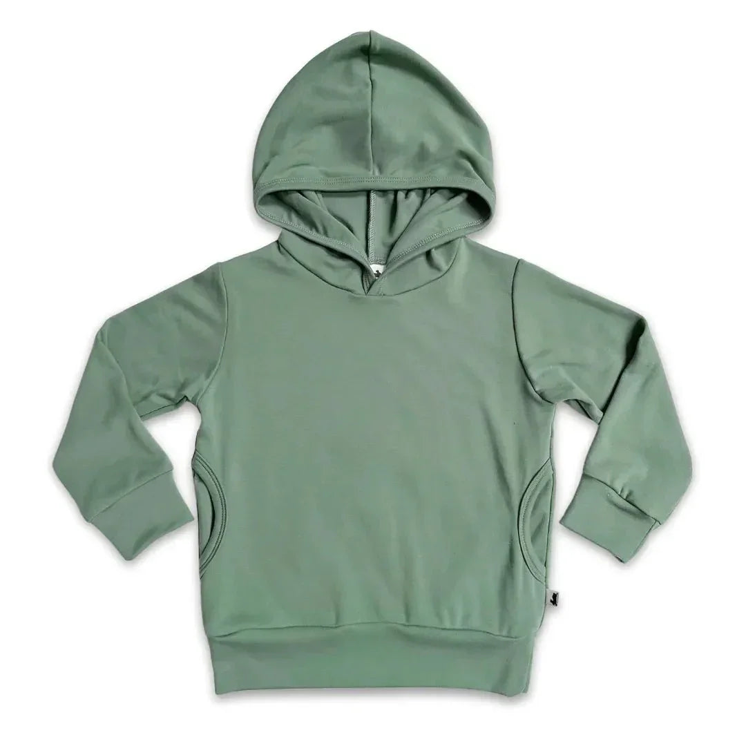 Youth lightweight bamboo hoodie in sage green with long sleeves and front pocket, laid flat