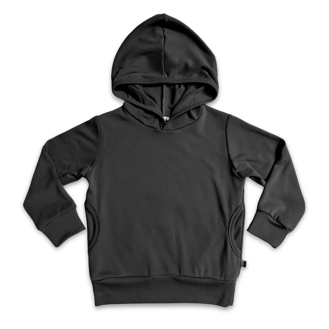 Youth black lightweight bamboo hoodie with front pocket and long sleeves on white background