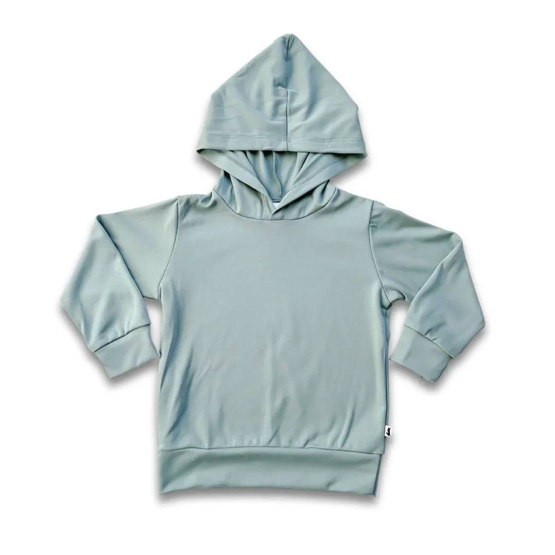 Light blue youth bamboo hoodie with kangaroo pocket, long sleeves, and hood on white background