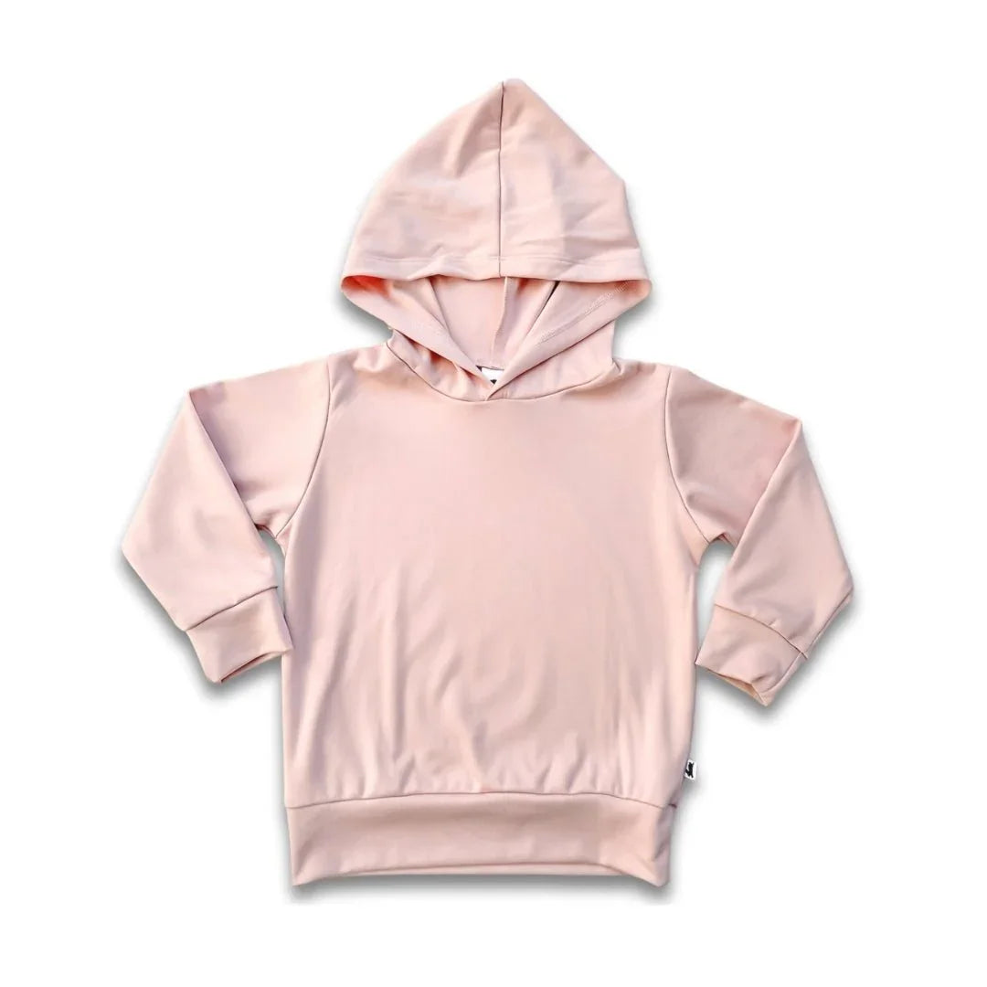 Light pink youth bamboo hoodie with long sleeves and kangaroo pocket on white background