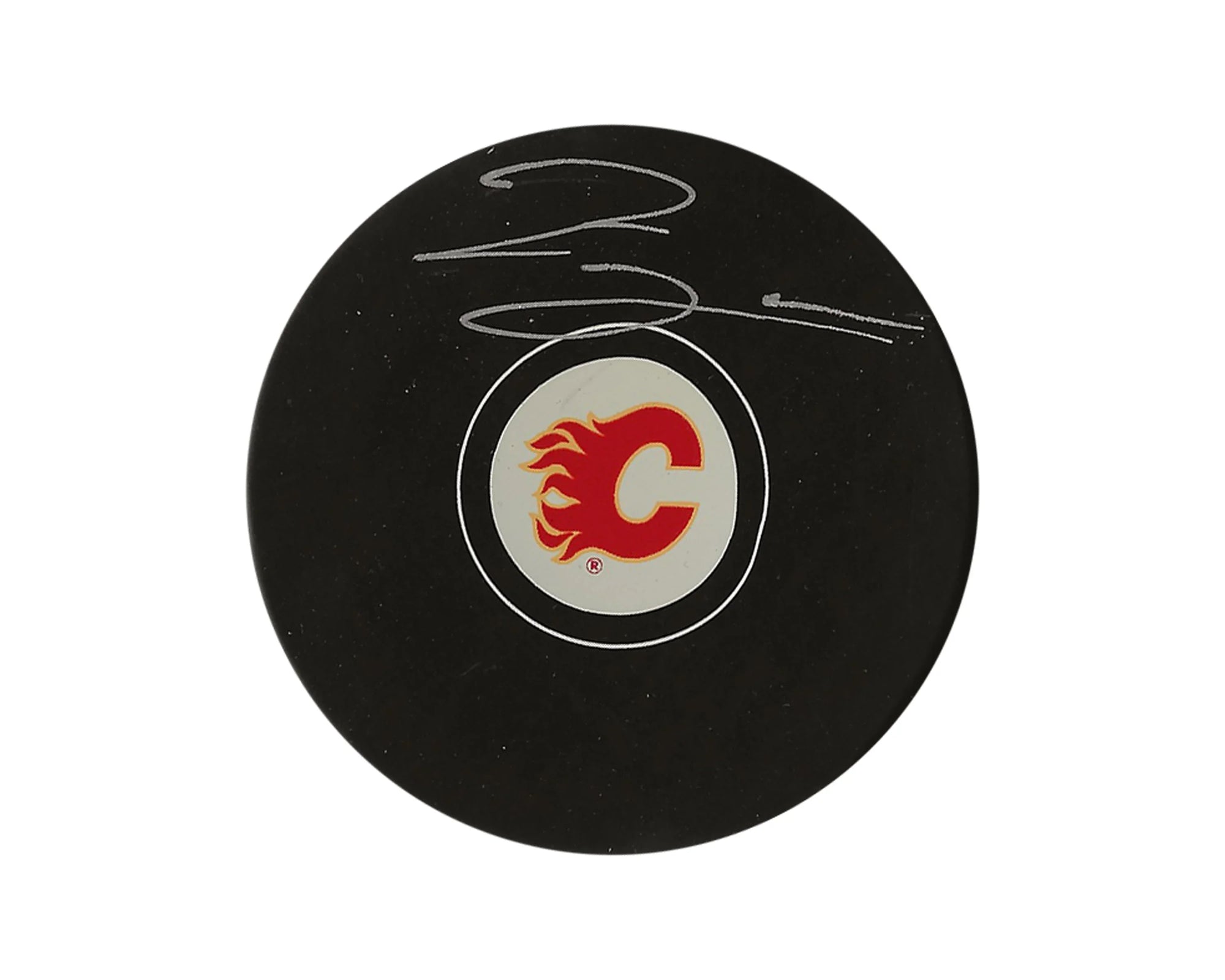 Calgary Flames signed hockey puck with team logo on white background