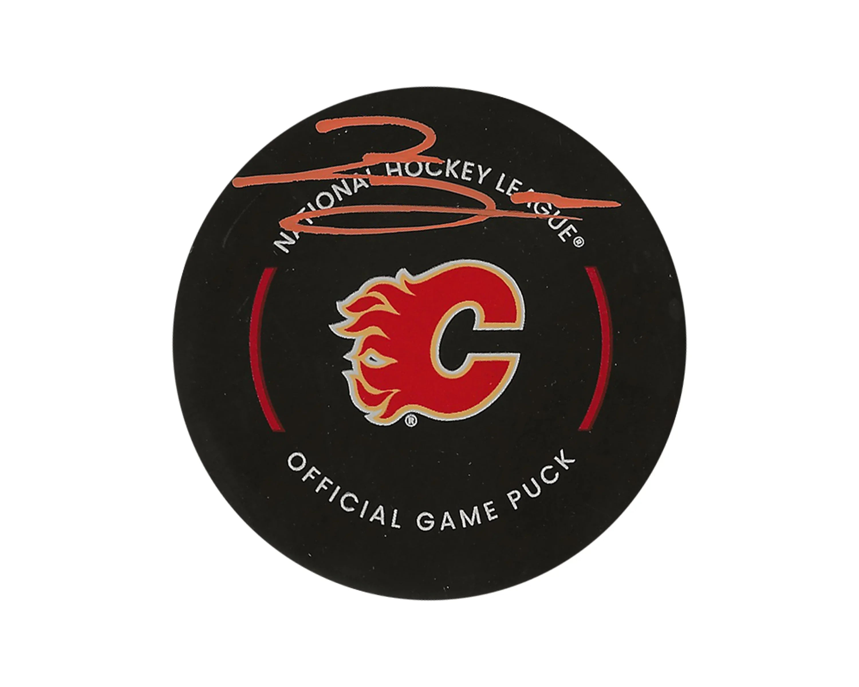 Calgary Flames official NHL game puck with red logo and autograph