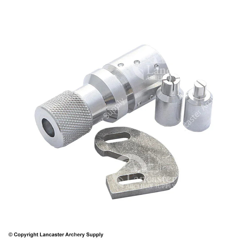 Silver archery plunger tool with two adapters and a metal plate on white background