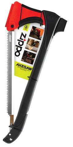 Zippo AXESAW outdoor multitool with axe and saw, black and red handle, product tag attached