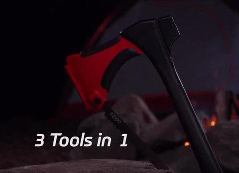 Zippo AxeSaw multi-tool with axe and saw, camping gear by tent at night